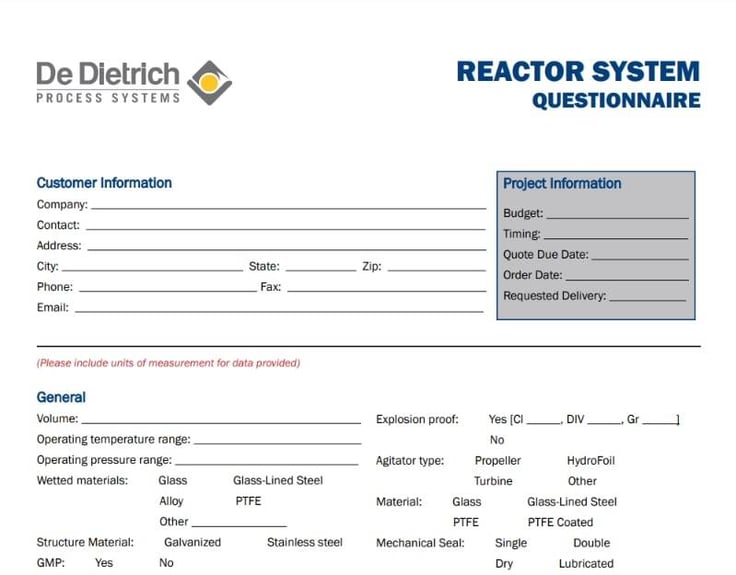 Reactor Systems Questionnaire